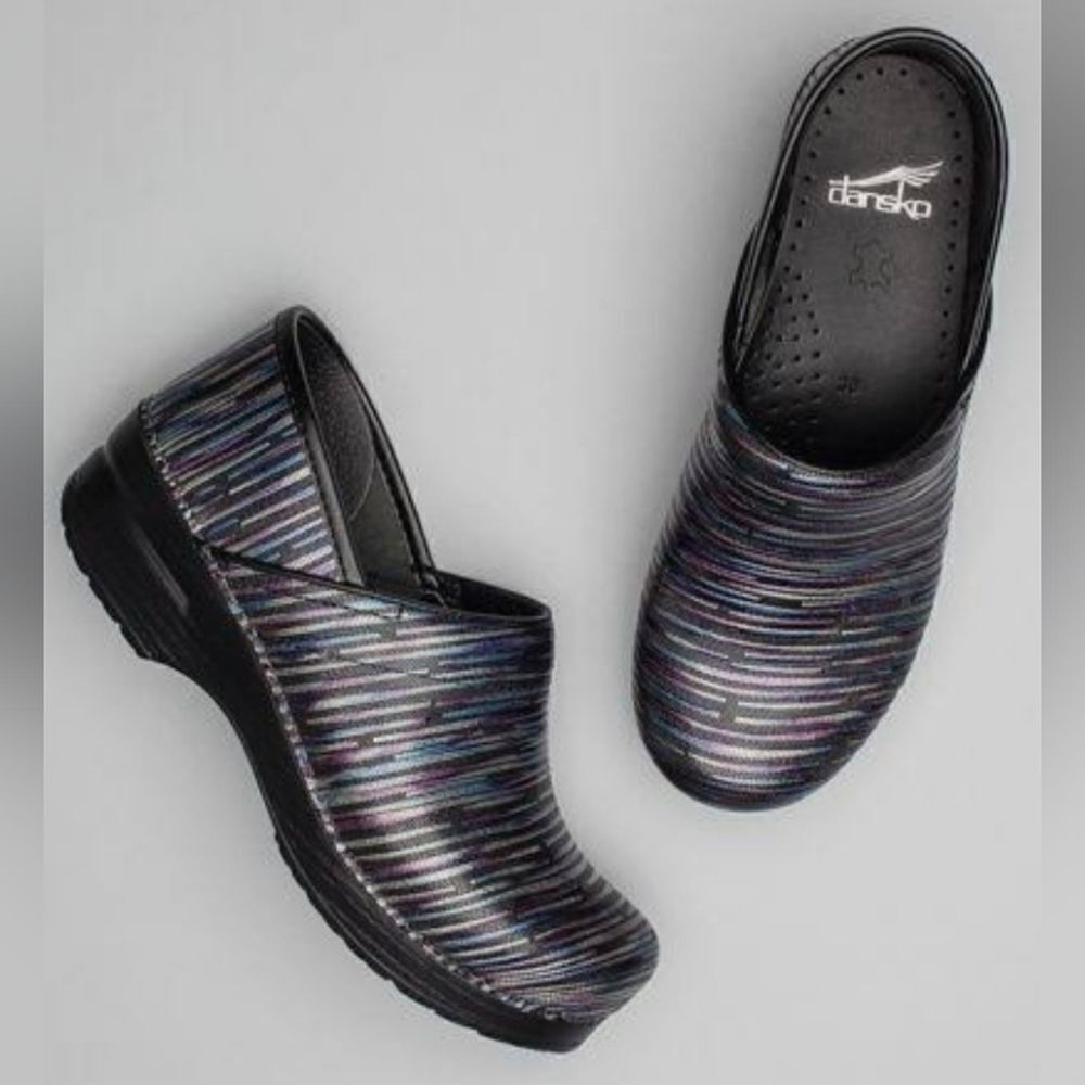 Dansko Professional Multi Twine Rainbow Blue Purple Silver Leather Nursing Clogs